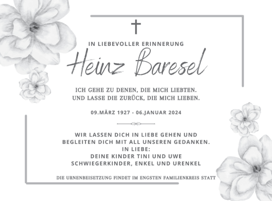 Traueranzeige von Heinz Baresel von Vorpommern Kurier