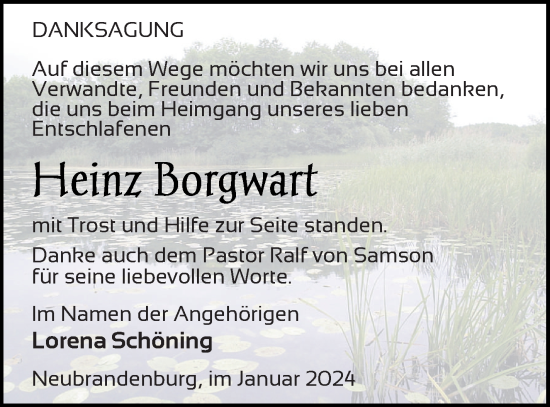 Traueranzeige von Heinz Borgwart von Neubrandenburger Zeitung