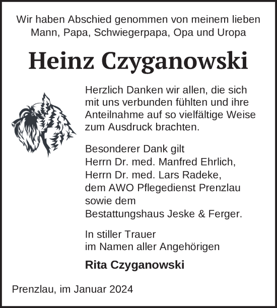 Traueranzeige von Heinz Czyganowski von Uckermark Kombination