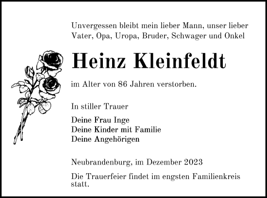 Traueranzeige von Heinz Kleinfeldt von Neubrandenburger Zeitung