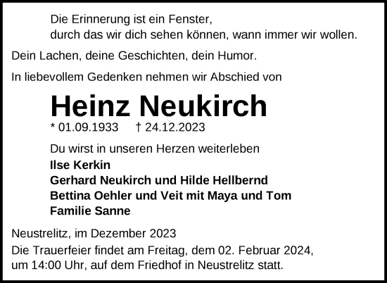 Traueranzeige von Heinz Neukirch von Nordkurier Strelitzer Zeitung