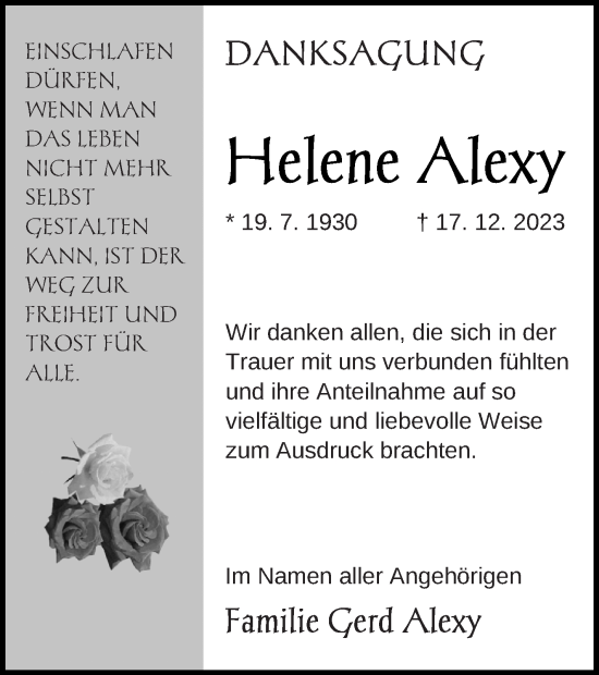 Traueranzeige von Helene Alexy von Mecklenburger Schweiz