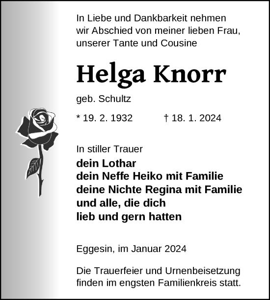 Traueranzeige von Helga Knorr von Nordkurier Haff-Zeitung