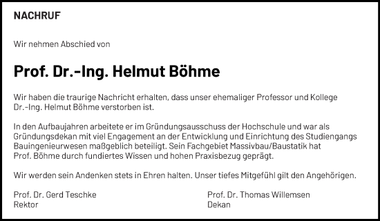 Traueranzeige von Helmut Böhme von Neubrandenburger Zeitung