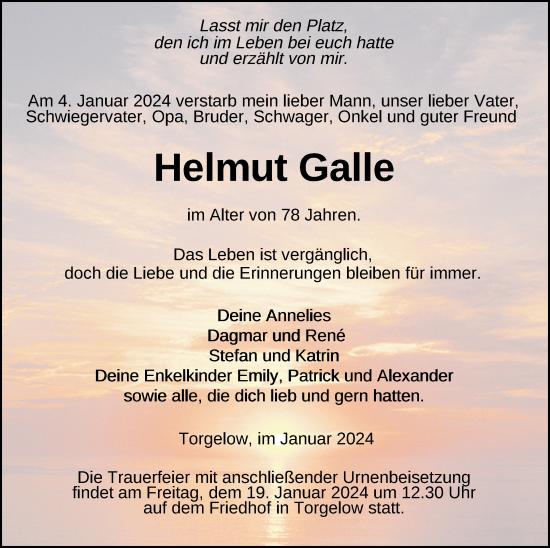 Traueranzeige von Helmut Galle von Haff-Zeitung