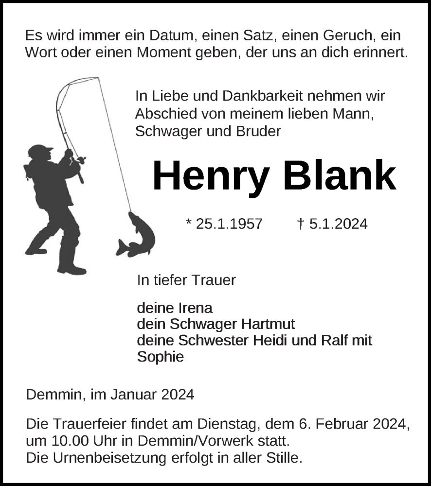  Traueranzeige für Henry Blank vom 11.01.2024 aus Demminer Zeitung