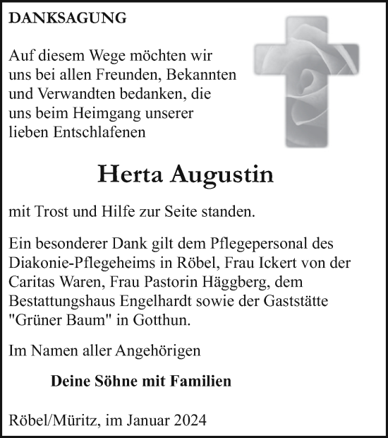 Traueranzeige von Herta Augustin von Müritz-Zeitung