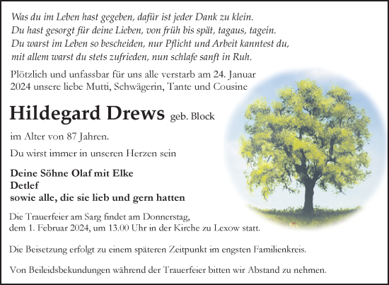 Traueranzeige von Hildegard Drews von Nordkurier Müritz-Zeitung