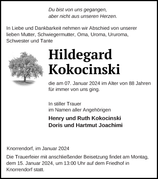 Traueranzeige von Hildegard Kokocinski von Neubrandenburger Zeitung