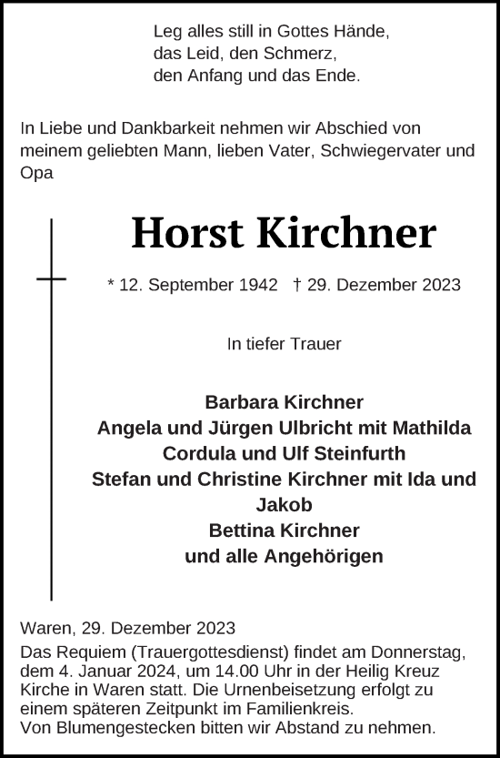 Traueranzeige von Horst Kirchner von Müritz-Zeitung