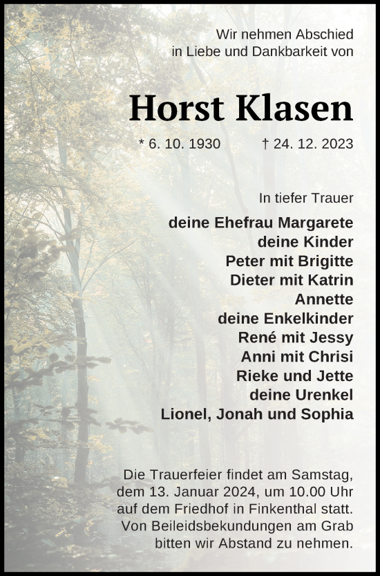 Traueranzeige von Horst Klasen von Mecklenburger Schweiz