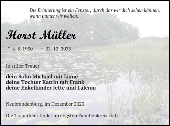 Traueranzeige von Horst Müller von Neubrandenburger Zeitung