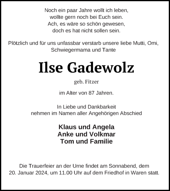Traueranzeige von Ilse Gadewolz von Müritz-Zeitung