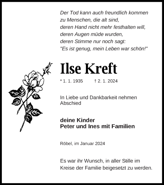 Traueranzeige von Ilse Kreft von Müritz-Zeitung