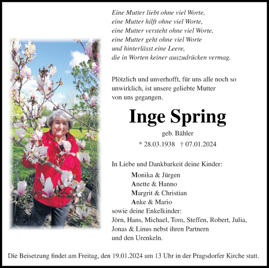 Traueranzeige von Inge Spring von Neubrandenburger Zeitung