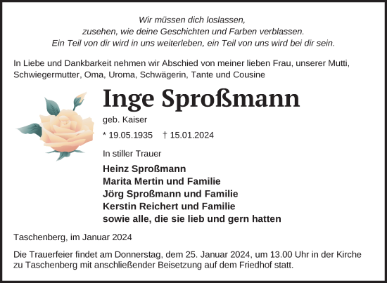 Traueranzeige von Inge Sproßmann von Uckermark Kombination / Prenzlauer Zeitung / Pasewalker Zeitung
