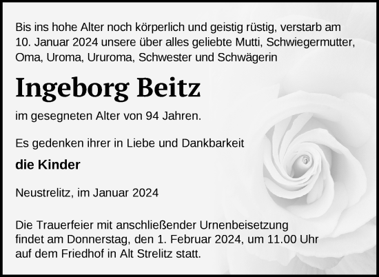 Traueranzeige von Ingeborg Beitz von Strelitzer Zeitung