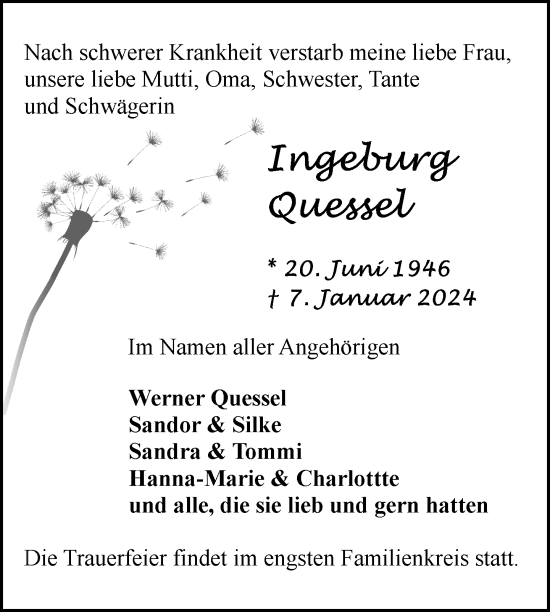 Traueranzeige von Ingeburg Quessel von Müritz-Zeitung