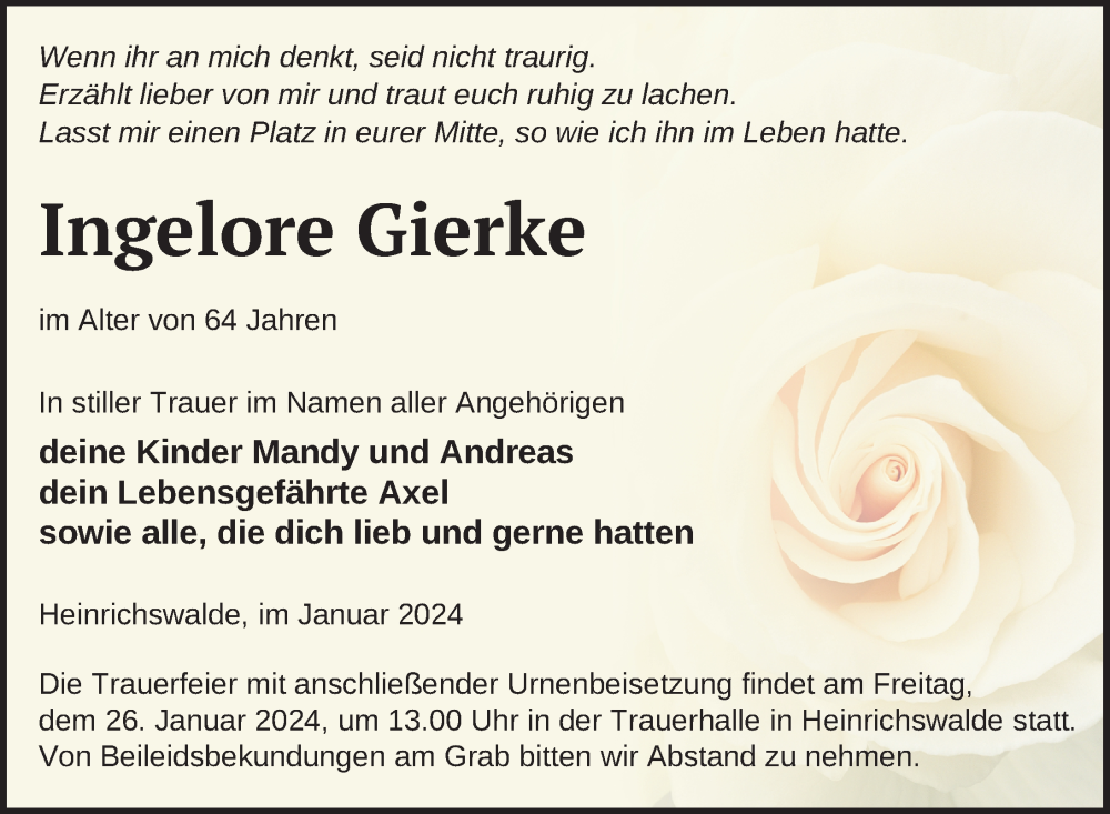  Traueranzeige für Ingelore Gierke vom 20.01.2024 aus Haff-Zeitung