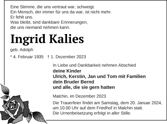 Traueranzeige von Ingrid Kalies von Mecklenburger Schweiz