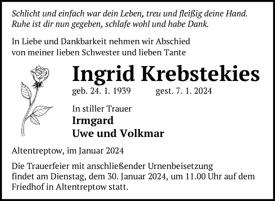 Traueranzeige von Ingrid Krebstekies von Neubrandenburger Zeitung