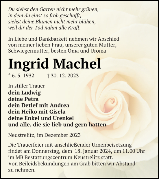 Traueranzeige von Ingrid Machel von Strelitzer Zeitung