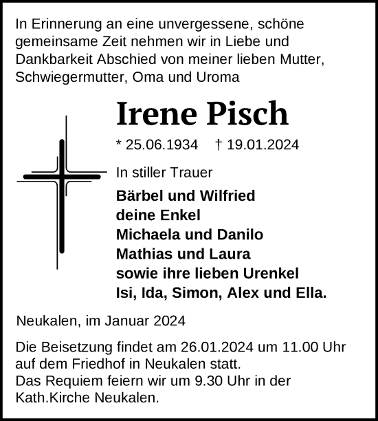 Traueranzeige von Irene Pisch von Nordkurier Mecklenburger Schweiz