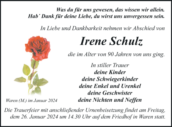 Traueranzeige von Irene Schulz von Müritz-Zeitung