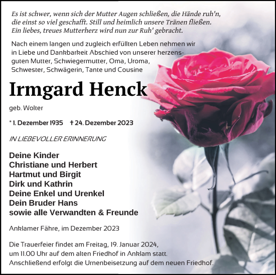 Traueranzeige von Irmgard Henck von Vorpommern Kurier