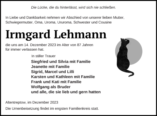 Traueranzeige von Irmgard Lehmann von Neubrandenburger Zeitung