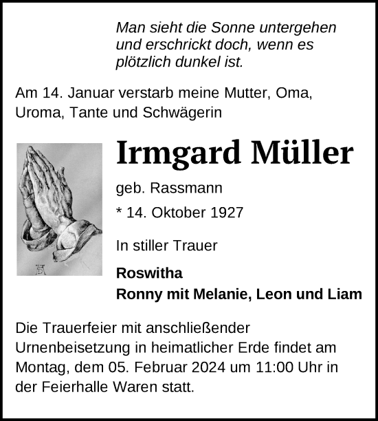 Traueranzeige von Irmgard Müller von Müritz-Zeitung