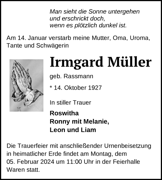 Traueranzeige von Irmgard Müller von Nordkurier Strelitzer Zeitung
