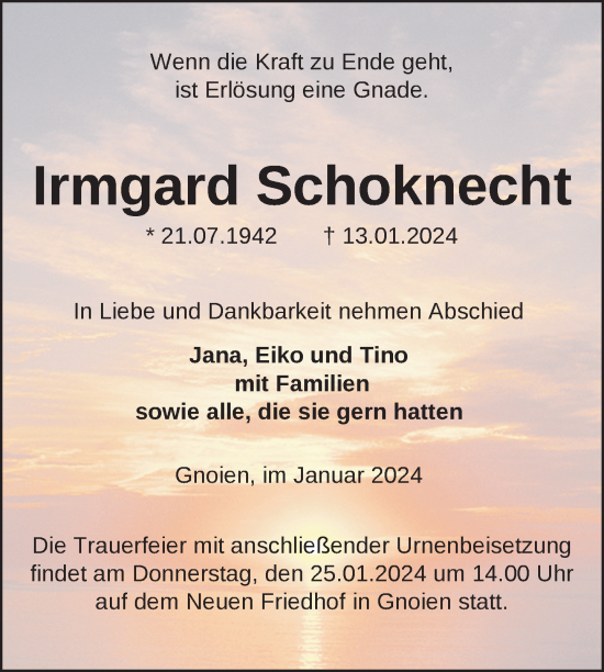 Traueranzeige von Irmgard Schoknecht von Mecklenburger Schweiz