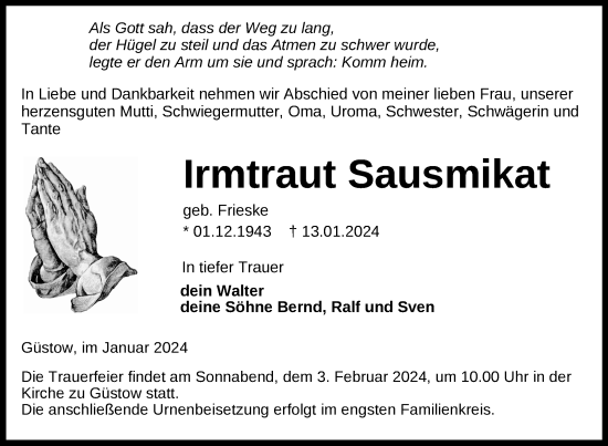 Traueranzeige von Irmtraut Sausmikat von Prenzlauer Zeitung / Uckermark Kombination