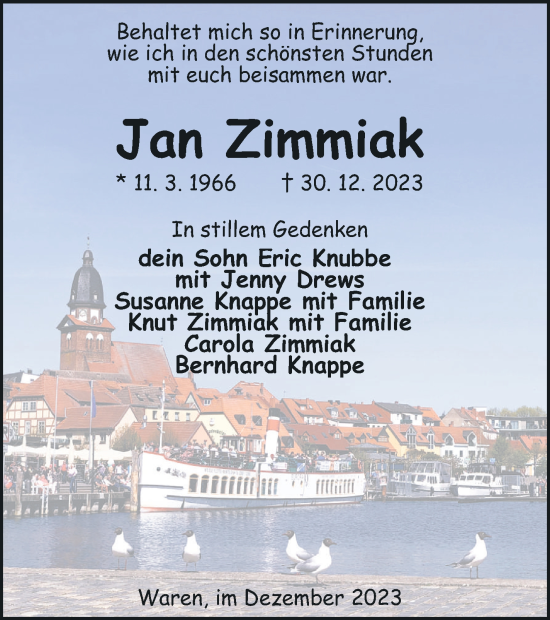 Traueranzeige von Jan Zimmiak von Müritz-Zeitung