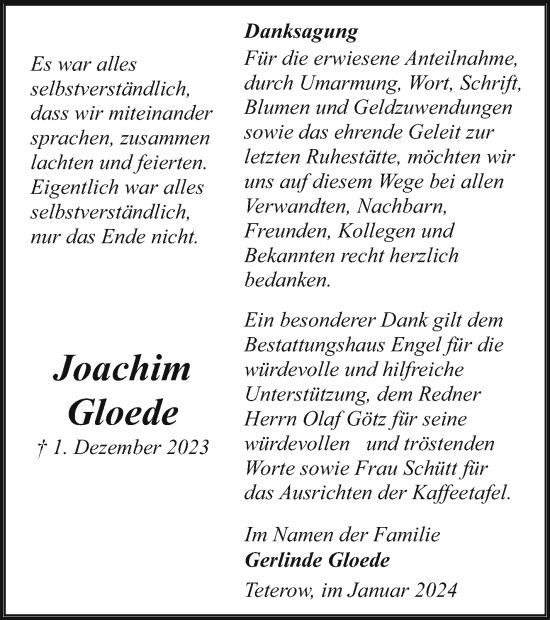 Traueranzeige von Joachim Gloede von Mecklenburger Schweiz