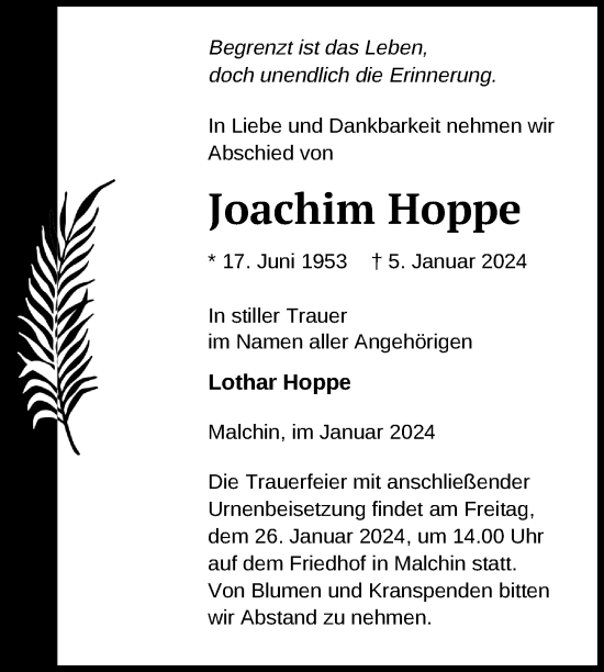 Traueranzeige von Joachim Hoppe von Mecklenburger Schweiz