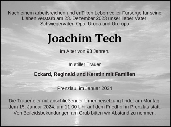 Traueranzeige von Joachim Tech von Prenzlauer Zeitung