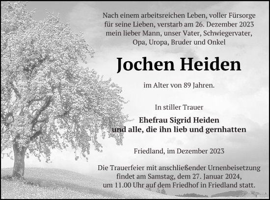Traueranzeige von Jochen Heiden von Neubrandenburger Zeitung