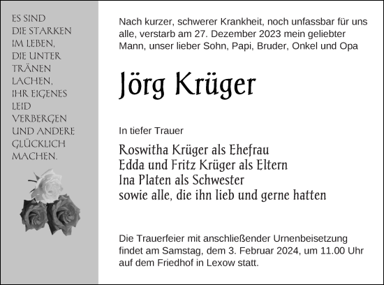 Traueranzeige von Jörg Krüger von Müritz-Zeitung