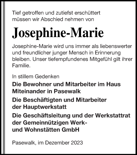 Traueranzeige von Josephine-Marie  von Pasewalker Zeitung
