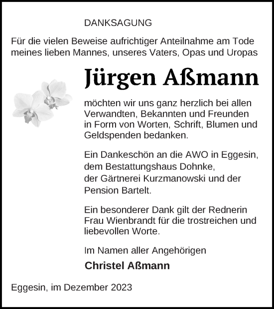 Traueranzeige von Jürgen Aßmann von Haff-Zeitung