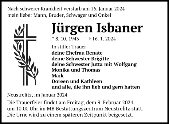Traueranzeige von Jürgen Isbaner von Strelitzer Zeitung