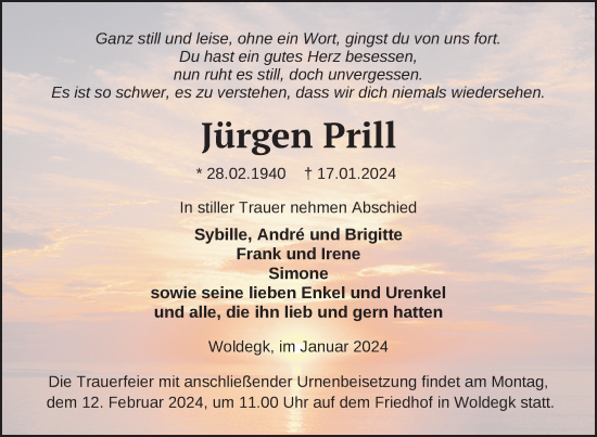 Traueranzeige von Jürgen Prill von Strelitzer Zeitung