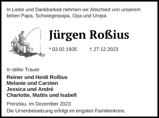 Traueranzeige von Jürgen Roßius von Prenzlauer Zeitung