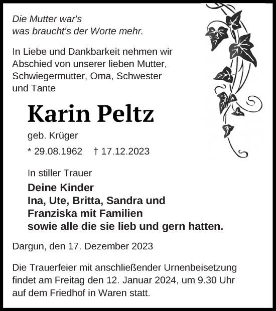 Traueranzeige von Karin Peltz von Mecklenburger Schweiz