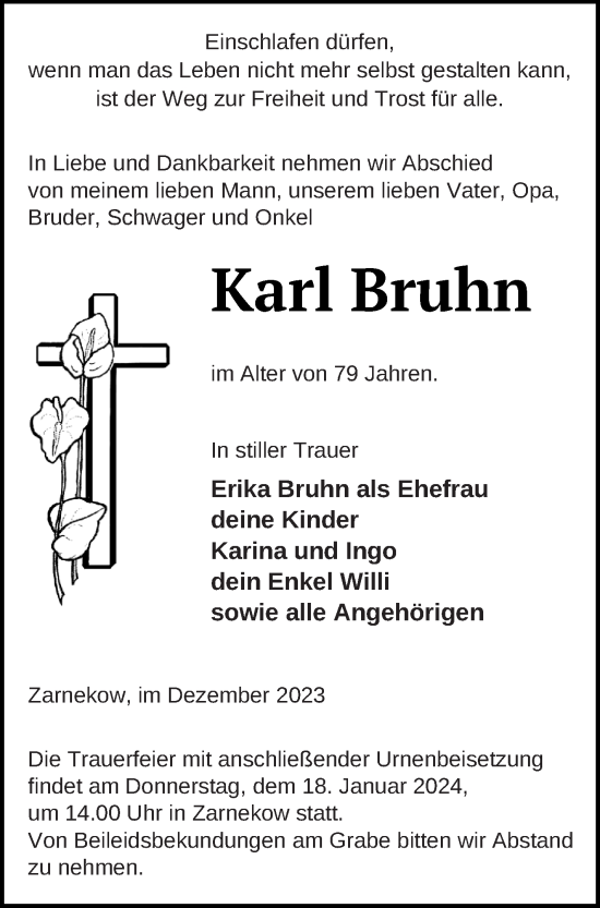 Traueranzeige von Karl Bruhn von Mecklenburger Schweiz