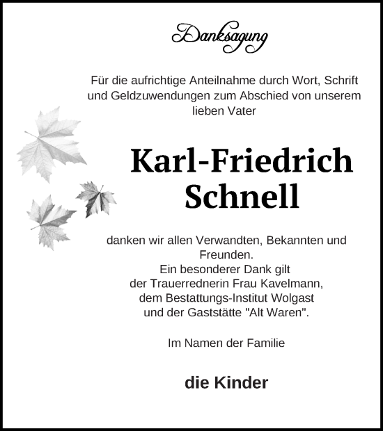 Traueranzeige von Karl-Friedrich Schnell von Müritz-Zeitung