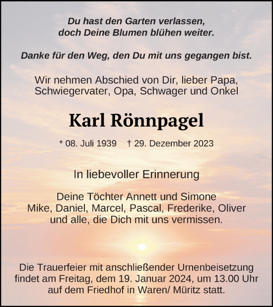Traueranzeige von Karl Rönnpagel von Müritz-Zeitung