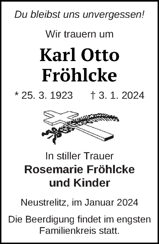 Traueranzeige von Karl Otto Fröhlcke von Strelitzer Zeitung